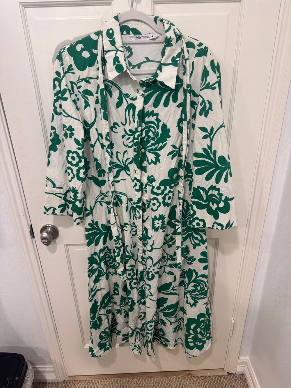 Zara White Shirt Dress with Green Floral Print